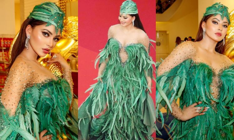 Cannes Film Festival | Day 6 Urvashi Rautela wow's in Ziad Nakad's unique lavish green feather headgear amazes everyone with her new look at the red carpet